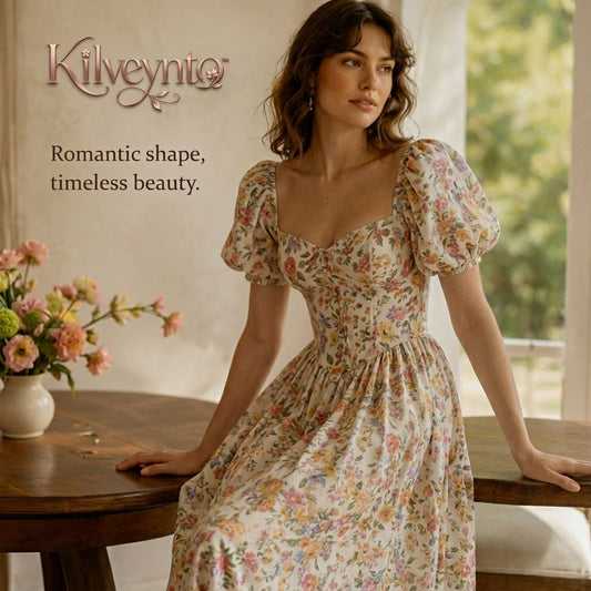Kilveynto™ Meadowlight Floral Corset Midi Dress — Women’s Cottagecore Puff-Sleeve Vacation Dress