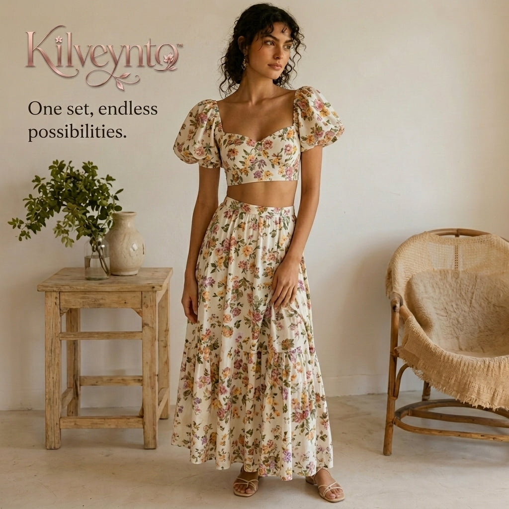 Kilveynto™ Briar Bloom Two-Piece Skirt Set — Women’s Floral Crop Top and Maxi Skirt Vacation Outfit