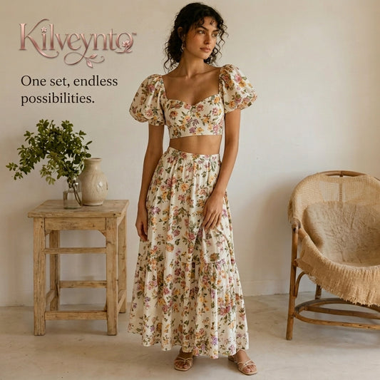 Kilveynto™ Briar Bloom Two-Piece Skirt Set — Women’s Floral Crop Top and Maxi Skirt Vacation Outfit