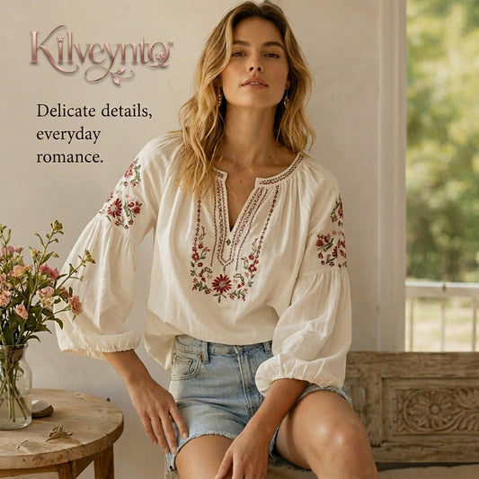 Kilveynto™ Roseveil Embroidered Peasant Blouse — Women’s Romantic Balloon-Sleeve Cottagecore Top