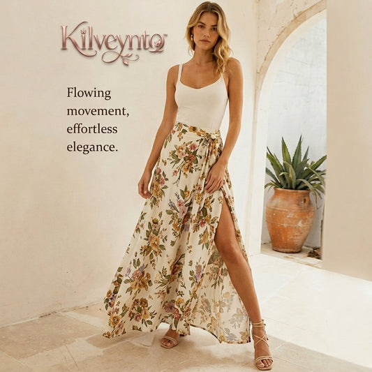 Kilveynto™ Marisol Tiered Wrap Maxi Skirt — Women’s Botanical Print Resort Skirt