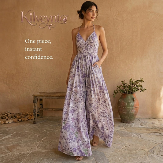 Kilveynto™ Wisteria Backless Wide-Leg Jumpsuit — Women’s Floral Resort One-Piece Outfit