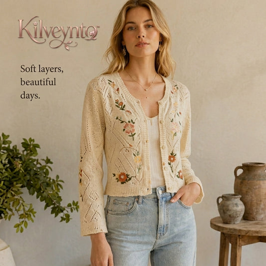 Kilveynto™ Fernhaven Crochet-Trim Cardigan — Women’s Lightweight Cottage Knit Layer