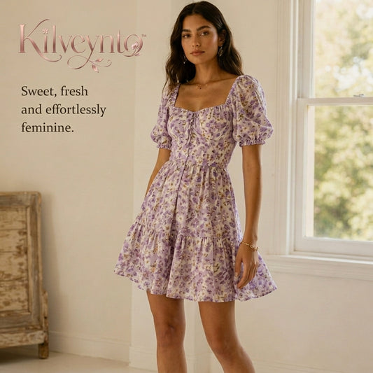 Kilveynto™ Lavender Coast Puff-Sleeve Mini Dress — Women’s Smocked Floral Vacation Dress