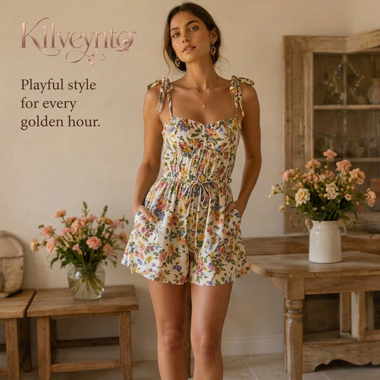 Kilveynto™ Orchard Muse Smocked Wide-Leg Romper — Women’s Convertible Floral Vacation Playsuit