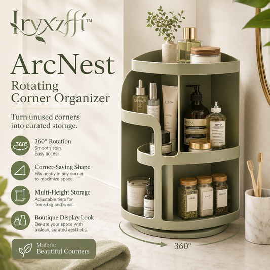 Iryxzffi™ ArcNest 360° Rotating Corner Organizer – Countertop Storage Tower, Vanity Caddy & Kitchen Shelf