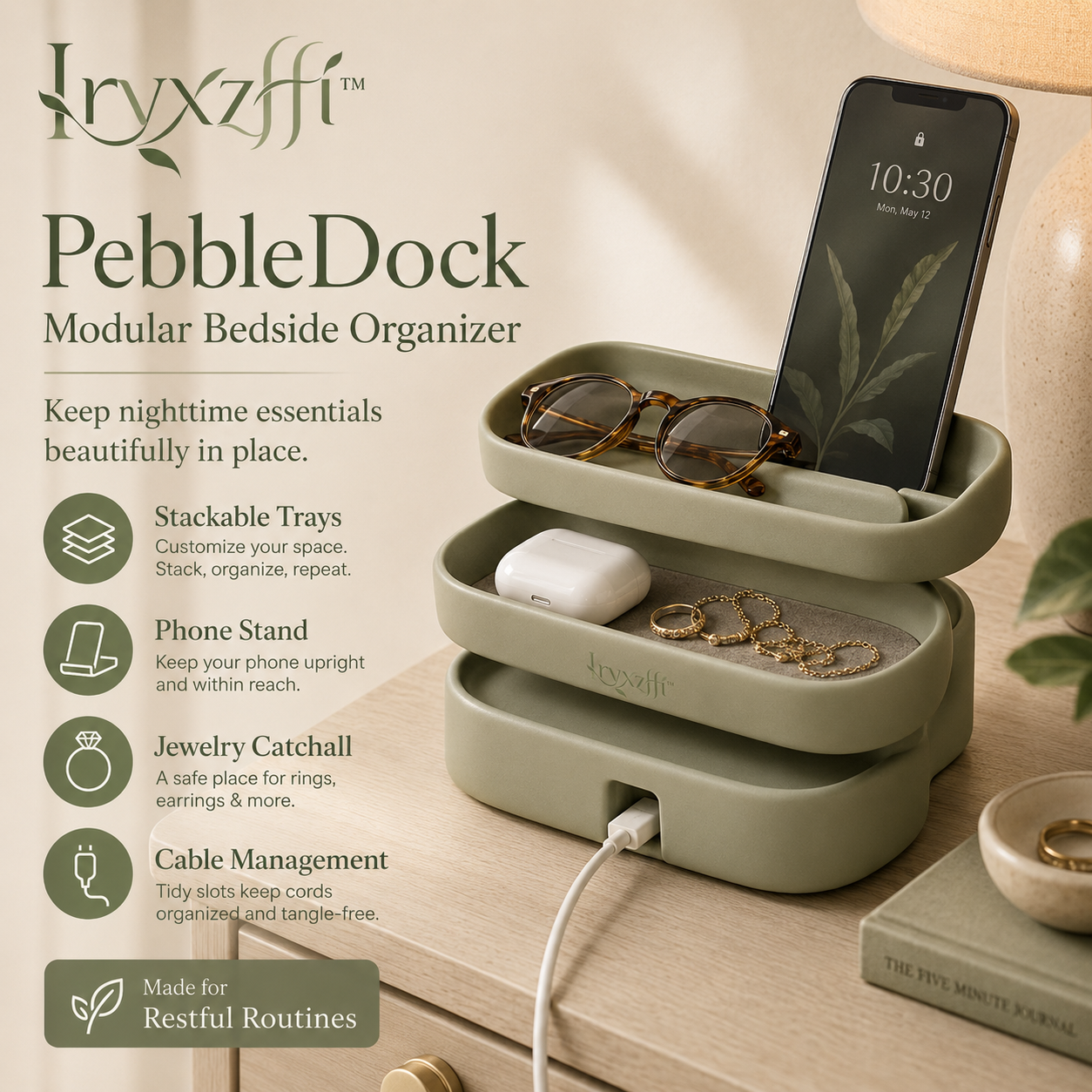 Iryxzffi™ PebbleDock Modular Bedside Organizer – Stackable Catchall, Phone Stand, Jewelry Tray & Cable Dock