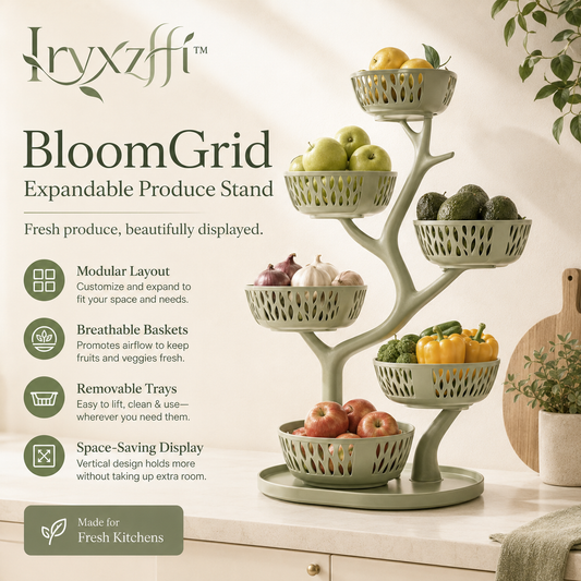 Iryxzffi™ BloomGrid Expandable Produce Stand – Modular Fruit Basket, Vegetable Rack & Countertop Organizer
